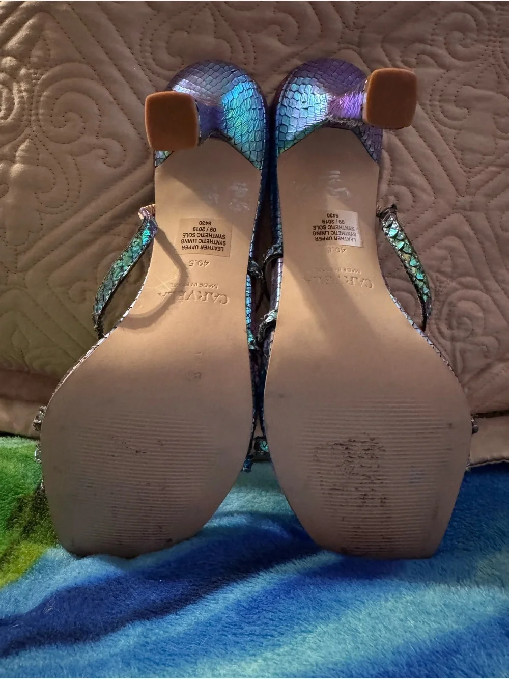 Iridescent Teal-Purple Strappy High-Heel Sandals